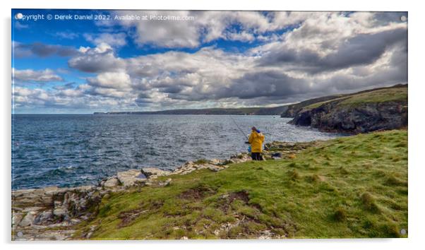 Fishing on the cliffs at Port Gaverne, Cornwall Acrylic by Derek Daniel