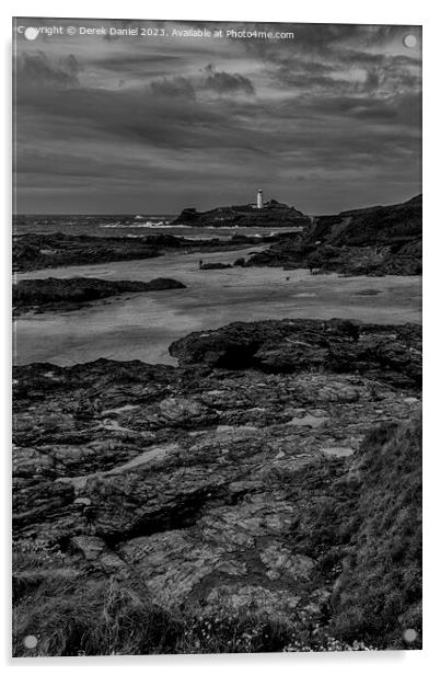 Godrevy Lighthouse, Cornwall (mono) Acrylic by Derek Daniel
