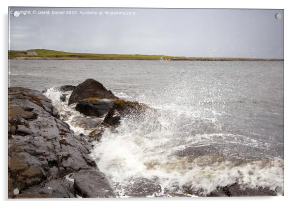 Waves crashing into the rocks at Staffin Bay Acrylic by Derek Daniel
