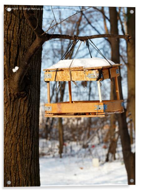 Bird feeder hanging on a tree branch in the winter forest against the backdrop of sunlight. Acrylic by Sergii Petruk