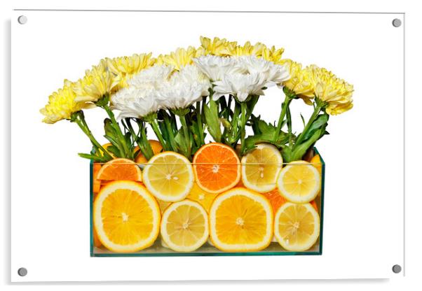 Floral still life in an aquarium with orange and lemon slices, isolated on white background. Acrylic by Sergii Petruk