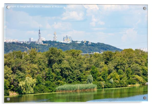 Beautiful summer landscape of the Dnipro islands to the Kyiv hills and the Pechersk Lavra on the horizon. Acrylic by Sergii Petruk