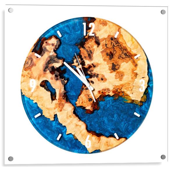 Beautiful round wooden wall clock made of tree root and blue epoxy resin isolated on white background. Acrylic by Sergii Petruk