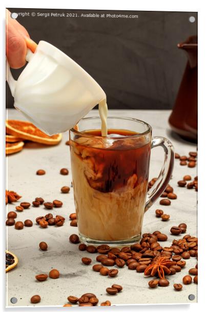 Cream from a white cup is poured by a man's hand into freshly made coffee in a transparent glass cup standing on a concrete table with coffee beans, dried orange and lemon, anise. Acrylic by Sergii Petruk