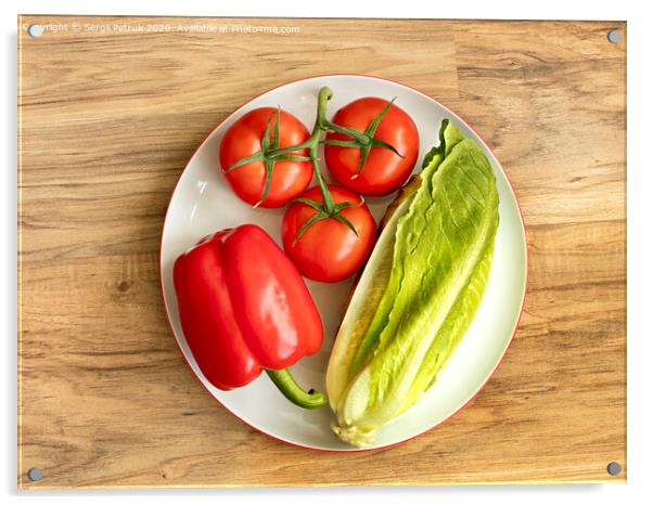 Bulgarian pepper, tomato and romaine lettuce lie close-up on a white round porcelain plate against the background of a wooden table Acrylic by Sergii Petruk