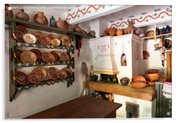 Design of an old oven and kitchen ware in an old Ukrainian farmhouse. Acrylic by Sergii Petruk