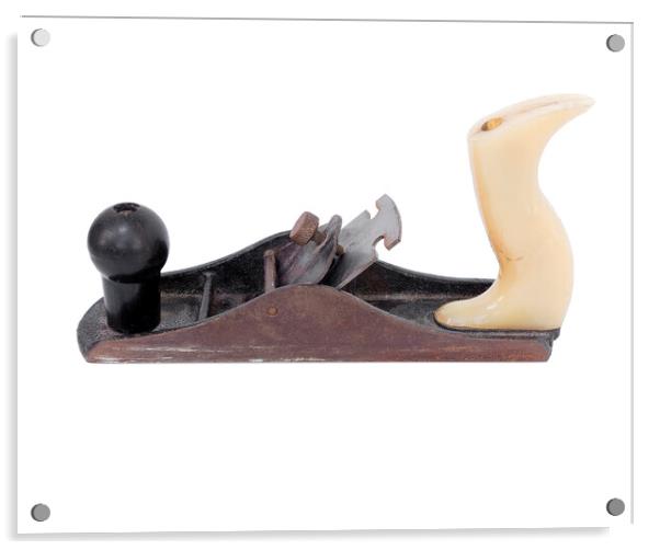 Old iron hand plane with plastic yellow back handle isolated on white background Acrylic by Sergii Petruk