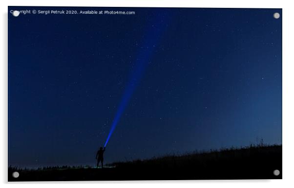 Silhouette of man on a background of stars..Man desires guess looking at the stars. Acrylic by Sergii Petruk