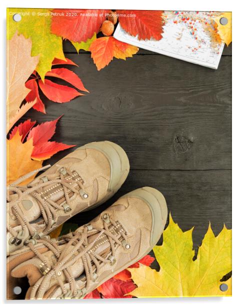 Autumn leaves, tracking boots and maps on a black background of an old tree Acrylic by Sergii Petruk