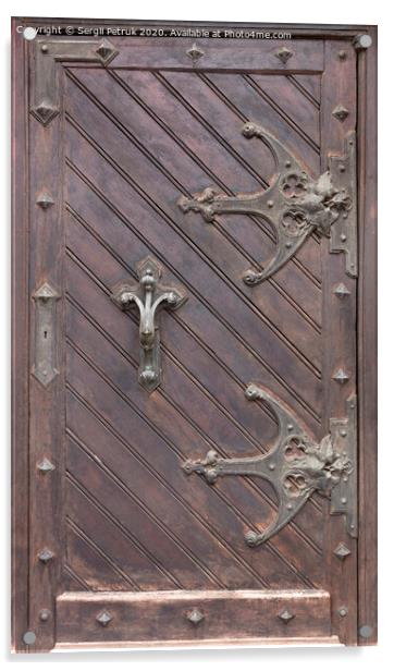 Ancient antique wooden doors with wrought iron loops and cross bars. Acrylic by Sergii Petruk