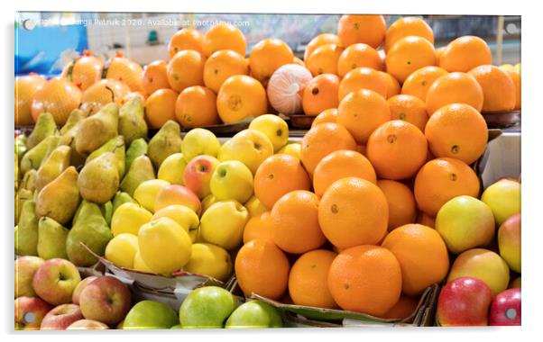 oranges, apples, pears lie on the market counter for sale Acrylic by Sergii Petruk