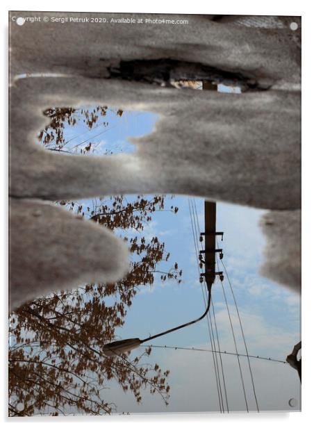 Reflection of the sky, the silhouette of a street lamp and a tree in a puddle on bad asphalt. Acrylic by Sergii Petruk