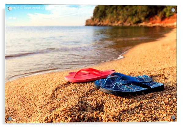 Beach slippers lie on a stone near the transparent sea Acrylic by Sergii Petruk