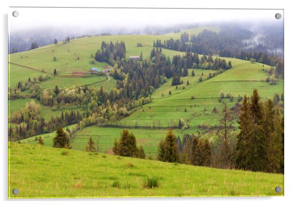 Beautiful landscapes of the Carpathian Mountains in the early morning and a dirt road running downhill. Acrylic by Sergii Petruk