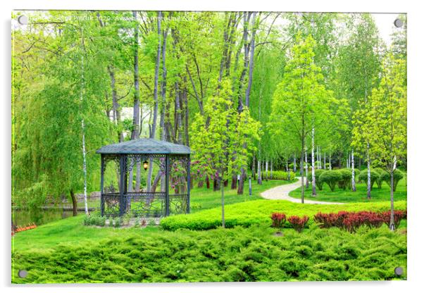Openwork metal arbor with forged elements surrounded by beautiful spring park with landscape design. Acrylic by Sergii Petruk