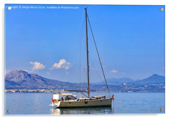 Sailing sea yacht anchored in the morning haze in the Corinthian bay. Acrylic by Sergii Petruk
