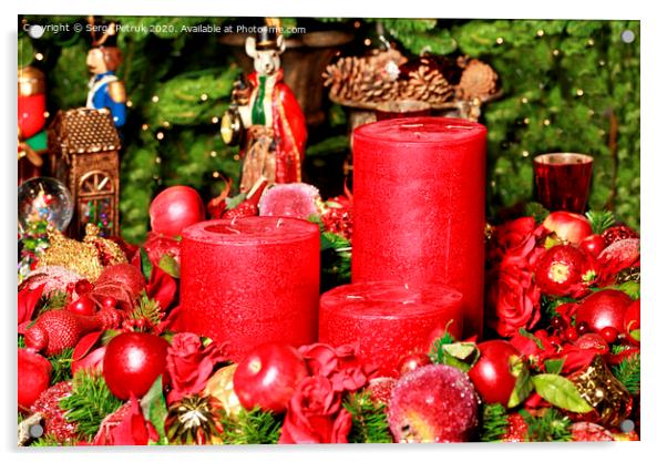 Three thick red candles surrounded by Christmas decorations and fairytale figures. Acrylic by Sergii Petruk