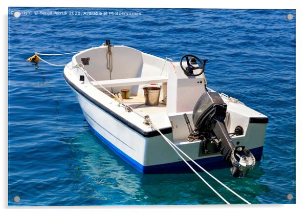 A motor boat is anchored in the clear waters of the Ionian Sea. Acrylic by Sergii Petruk