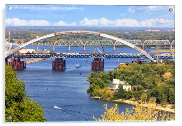 Construction of the Podolsky bridge across the Dnipro in Kyiv, image taken from a height. Acrylic by Sergii Petruk