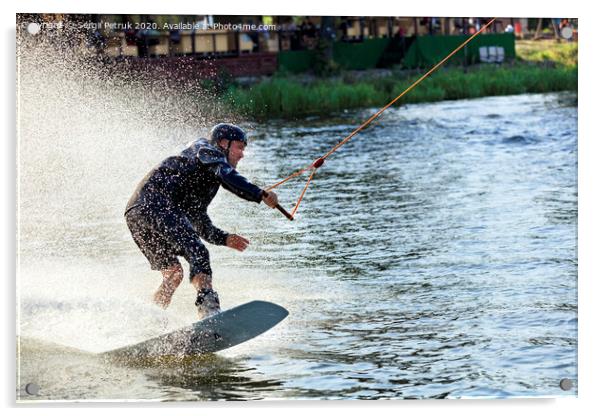 Wakeboarder rushes through the water at high speed along the grassy banks of the river. Acrylic by Sergii Petruk