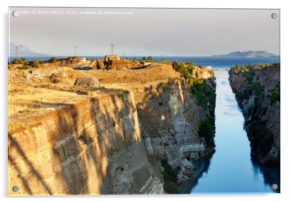 Coastal fortifications of the Corinth Canal in Greece in the bright rays of the morning rising sun. Acrylic by Sergii Petruk