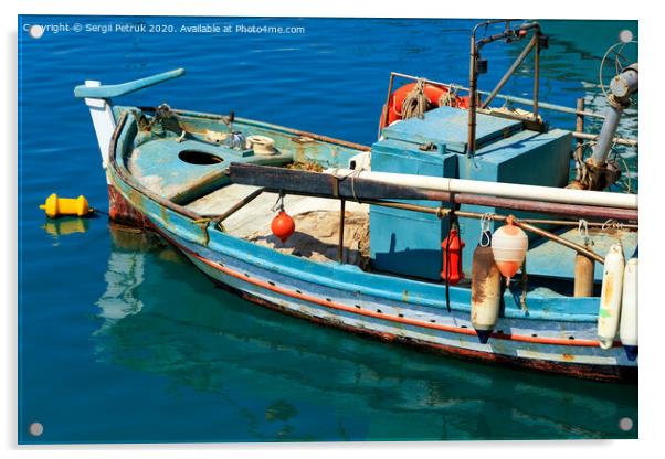 An old fishing boat anchored in the clear waters of the Ionian Sea. Acrylic by Sergii Petruk