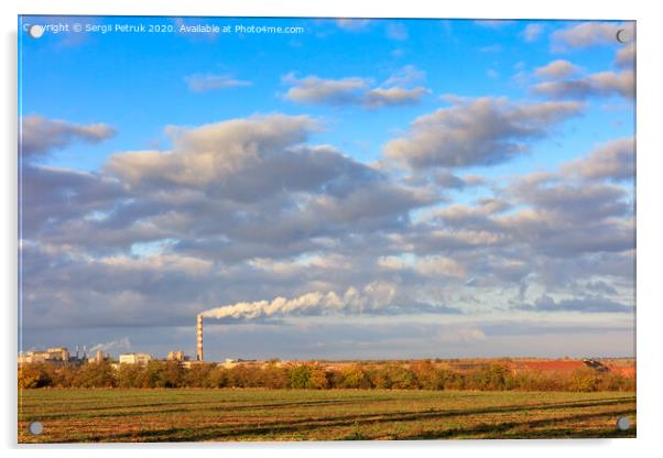Rural autumn landscape, bright morning sunshine illuminate the agricultural field, the production complex on the horizon and a high cloudy sky. Acrylic by Sergii Petruk