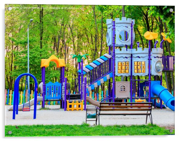 Bright children's colorful playground in the city summer park. Acrylic by Sergii Petruk