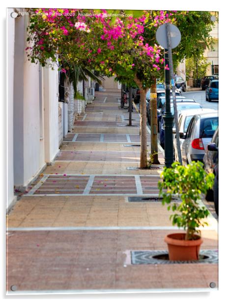 Deserted old sidewalk on Loutraki street in Greece on an early summer morning. Acrylic by Sergii Petruk