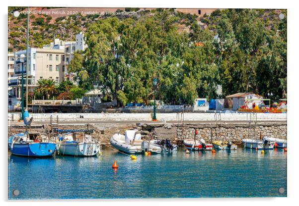 The picturesque promenade of Loutraki Bay, Greece, where old fishing schooners, boats and boats moor in the clear waters of the Ionian Sea. Acrylic by Sergii Petruk