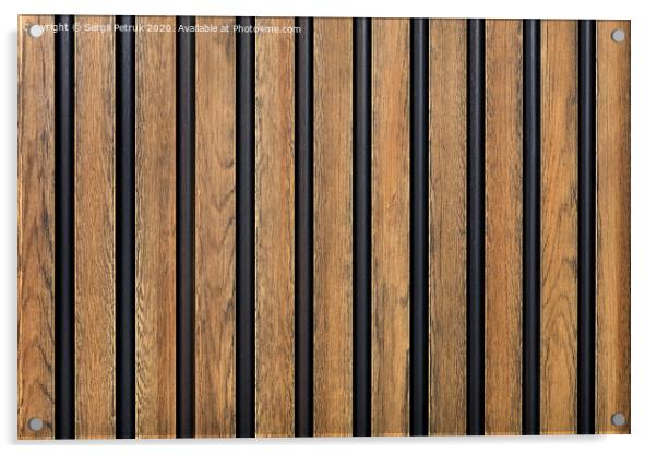 A fence made of vertical wooden decorative strips located parallel to each other. Acrylic by Sergii Petruk