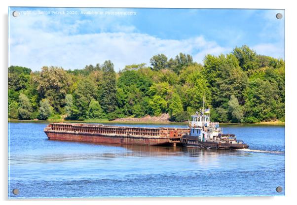 A river tug is pushing a rusty barge along the river along the shore. Acrylic by Sergii Petruk
