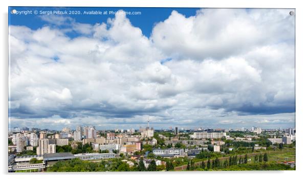 Panorama of Kyiv, with high cloudy skies over residential areas, green parks and a TV tower. Acrylic by Sergii Petruk