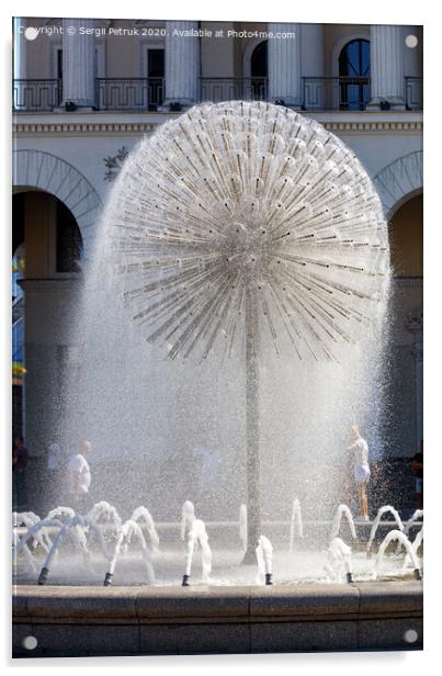 A beautiful city fountain in the shape of a huge dandelion refreshes passers-by against the background of the arched-column facade of the Kyiv City Conservatory. Acrylic by Sergii Petruk