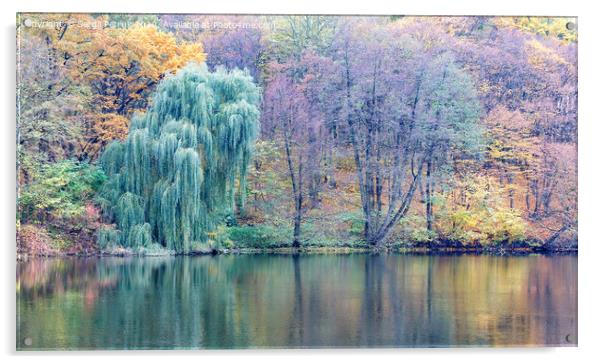 Pastel colors of autumn park and forest lake. Acrylic by Sergii Petruk