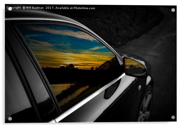 Sunset reflections in Audi window and mirror Acrylic by Will Badman