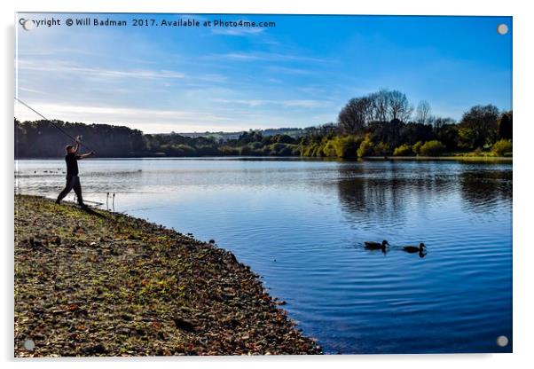 Fishing on Chard Reservoir Somerset Uk Acrylic by Will Badman