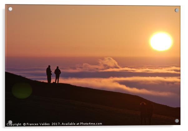 Two people silhouetted viewing the sunset and fog Acrylic by Frances Valdes