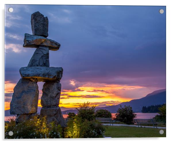 Inukshuk at sunset from English Bay Vancouver  Acrylic by David Belcher