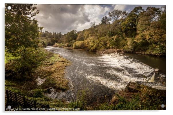 Beam weir on the River Torridge near Torrington, North Devon, England. Acrylic by Judith Flacke
