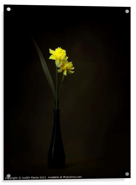 Double daffodils in a vase Acrylic by Judith Flacke