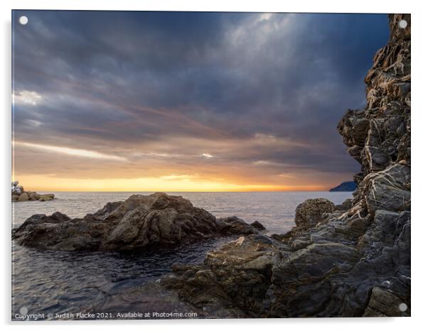 Sunset on the Rocks.  Acrylic by Judith Flacke
