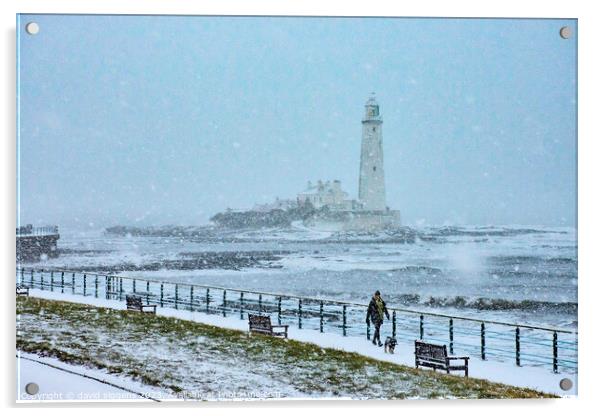 Whitley Bay lighthouse winter postcard Acrylic by david siggens