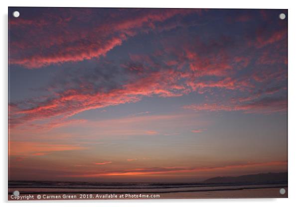 Fluffy pink clouds during sunset at Pismo Beach, C Acrylic by Carmen Green