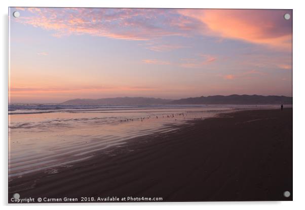 Sunset and waders at Pismo beach, California  Acrylic by Carmen Green