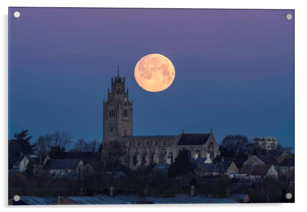 Wolf Moon setting over St Andrew's Chrurch, Sutton-in-the-Isle  Acrylic by Andrew Sharpe