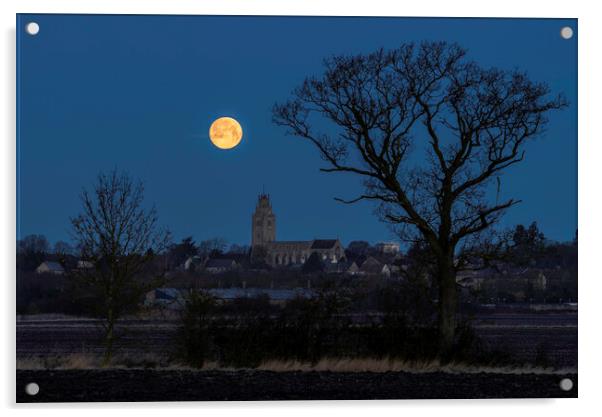 Wolf Moon setting over St Andrew's Chrurch, Sutton Acrylic by Andrew Sharpe