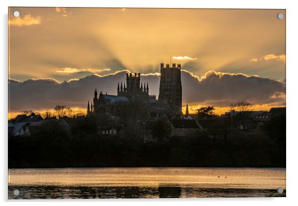 Sunset behind Ely Cathedral, from Roswell Pits, 6th March 2022 Acrylic by Andrew Sharpe