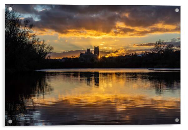 Sunset behind Ely Cathedral, from Roswell Pits, 6th March 2022 Acrylic by Andrew Sharpe