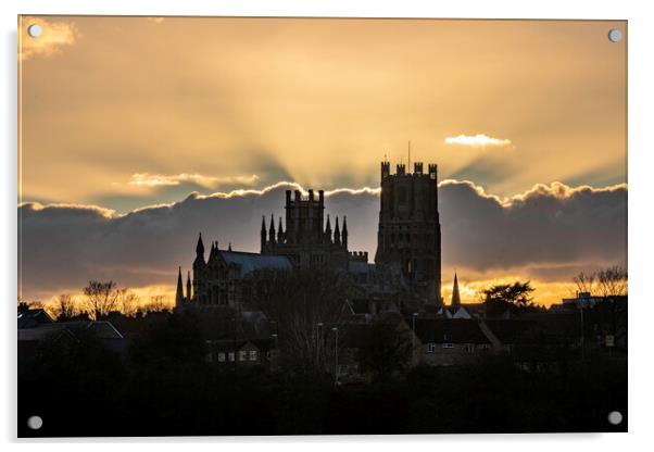 Sunset behind Ely Cathedral, from Roswell Pits, 6th March 2022 Acrylic by Andrew Sharpe